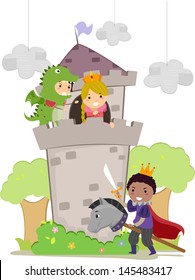 Illustration of Stickman Kids plays Dragon, Prince, and Princess in School Play