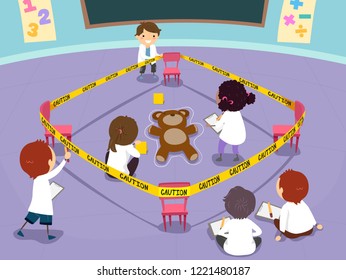 Illustration Of Stickman Kids Police Solving A Crime Scene Setup In The Classroom