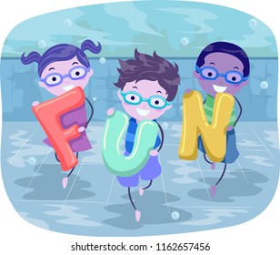 Illustration of Stickman Kids in the Pool Underwater Holding Fun Lettering