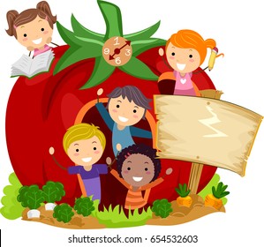 Illustration of Stickman Kids Popping from a Fantasy Tomato School Building