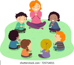 Illustration Of Stickman Kids Praying Outdoors With Their Teacher