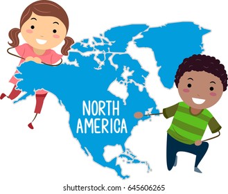 An Illustration of Stickman Kids Presenting the Continent North America