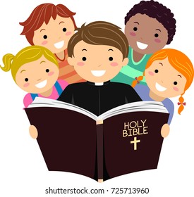 Illustration of Stickman Kids with a Priest Reading the Holy Bible