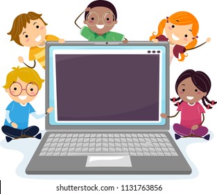 Illustration of Stickman Kids Programmer with Laptop