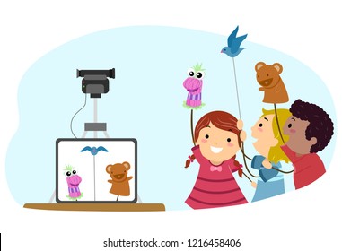 Illustration of Stickman Kids Puppeteer Recording a Video of their Puppets including a Sock Puppet