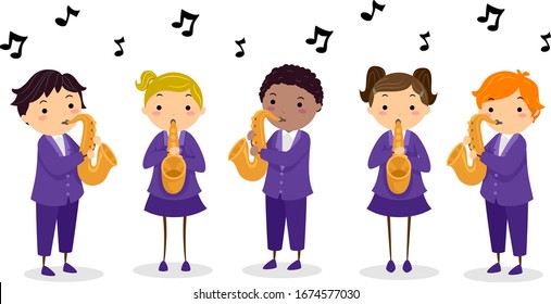 Illustration of Stickman Kids in Purple Playing the Saxophone