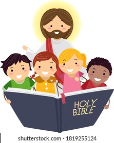 Illustration of Stickman Kids Reading the Bible with Jesus Christ