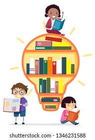 Illustration Of Stickman Kids Reading A Book Around A Light Bulb Shaped Book Shelf