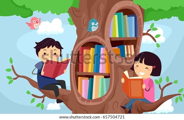 本を読み 木の枝に座るステックマンの子どもたちのイラスト のベクター画像素材 ロイヤリティフリー