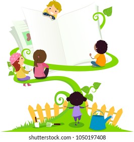 Illustration of Stickman Kids Reading an Open Book Sitting in the Vines in the Garden