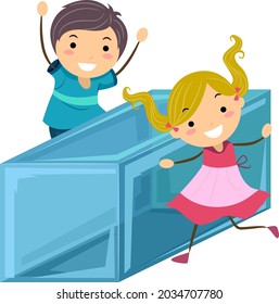 Ilustración de niños de Stickman con un prisma rectangular, una forma común 3D