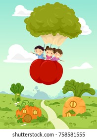 Illustration of Stickman Kids Riding a Broccoli Tomato Hot Air Balloon over a Vegetable Village