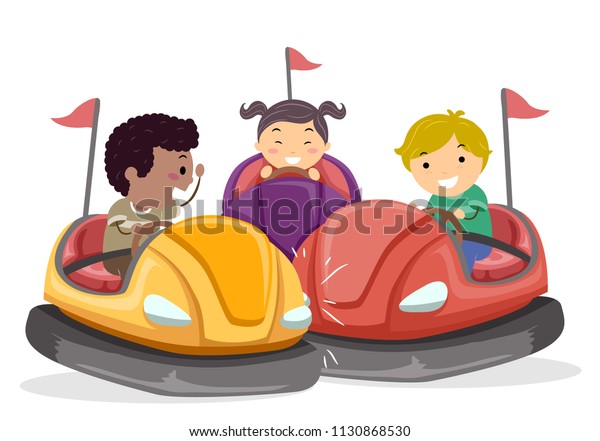 Illustration of Stickman Kids Riding Bump Cars in\
the Amusement\
Park