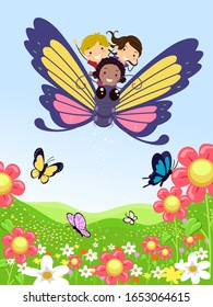 Illustration of Stickman Kids Riding a Butterfly Flying Across a Flower Field