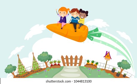 Illustration of Stickman Kids Riding a Carrot Rocket Flying Over a Garden Below