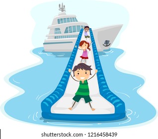 Illustration of Stickman Kids Riding Down the Inflatable Water Slide of a Yacht