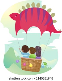 Illustration of Stickman Kids Riding a Hot Air Balloon with a Stegosaurus Dinosaur Design