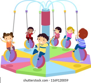 Illustration Of Stickman Kids Riding An Indoor Merry Go Round In The Playground