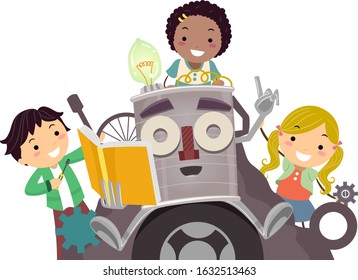 Illustration of Stickman Kids Riding a Junk Art Robot Holding a Book and Talking