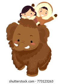 Illustration of Stickman Kids Riding a Mammoth Wearing Winter Clothes