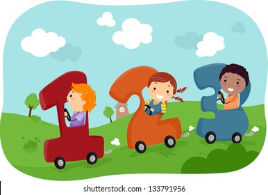 Illustration von Stickman-Kindern, die in nummerierten Autos fahren