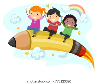 Illustration of Stickman Kids Riding a Pencil Rocket in the Skies