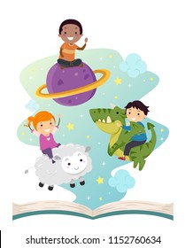 Illustration of Stickman Kids Riding a Planet, a Sheet and a Dragon Floating from an Open Story Book