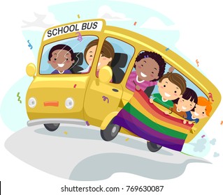 Illustration Of Stickman Kids Riding A School Bus And Holding A Rainbow LGBT Banner