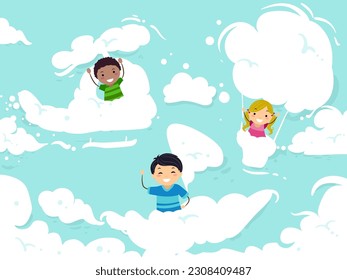 Illustration of Stickman Kids Riding Vehicles Shaped Clouds in the Sky