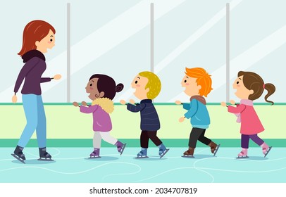 Illustration von Stickman-Kindern in einer Row Learning Eis Skating mit Girl Instructor