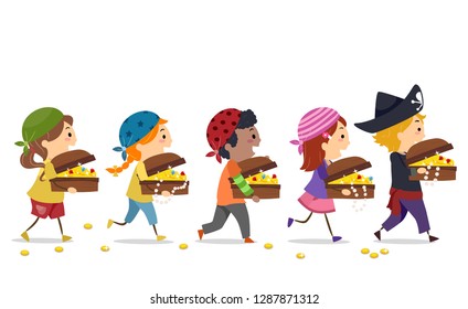 Illustration of Stickman Kids Running and Carrying Treasure Chests Full of Gold and Jewels