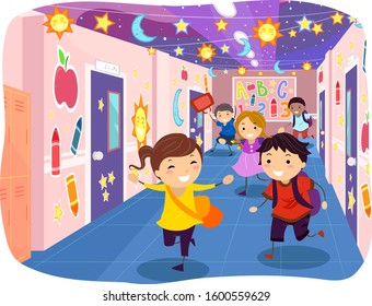 Illustration of Stickman Kids Running In the Corridor After Class and Start of Summer Vacation