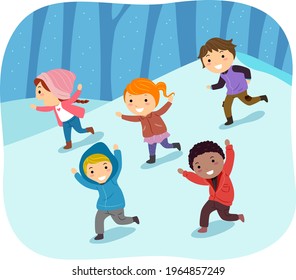 Illustration of Stickman Kids Running Down the Hill Covered in Snow in Winter