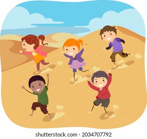 Illustration Of Stickman Kids Running Down The Desert Sand Dunes