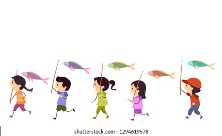 Illustration Of Stickman Kids Running With Japanese Paper Koi Fish Kites