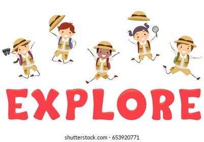 Illustration of Stickman Kids in Safari Costume Jumping Over the Word Explore