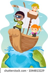 Illustration of Stickman Kids Sailing in a Boat on Top of Earth