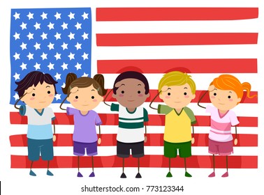 Illustration Stickman Kids Saluting Front American Stock Vector ...