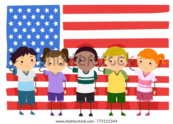 アメリカ国旗の前で挨拶をするステックマンの子どもたちのイラスト のベクター画像素材 ロイヤリティフリー 773123344