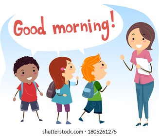 Illustration of Stickman Kids Saying Good Morning and Greeting Their Teacher, Social Skills