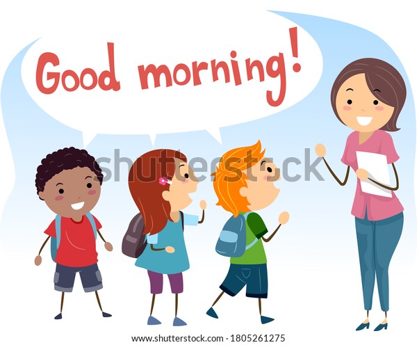 Illustration Stickman Kids Saying Good Morning Stock Vector Royalty Free 1805261275