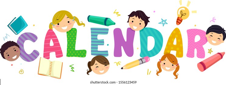 Illustration of Stickman Kids with School Calendar Lettering, Pencil, Crayons, Books and Light Bulb