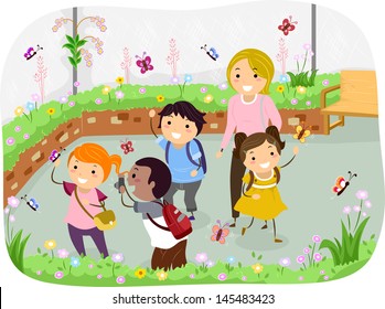 Illustration Of Stickman Kids In A School Trip At Butterfly Garden