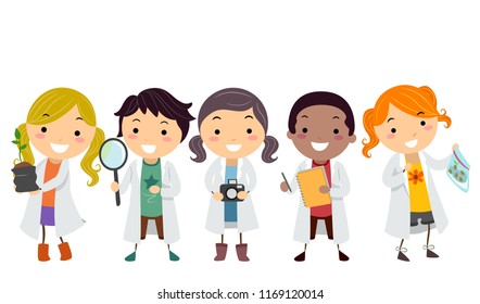 Illustration of Stickman Kids Scientist Wearing White Laboratory Gown and Holding a Seedling, Magnifying Glass, Camera, Notes and Seeds