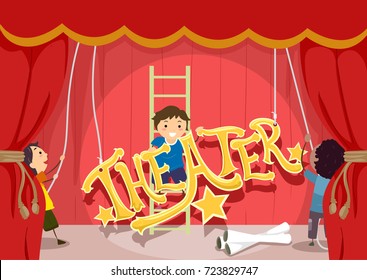 Illustration of Stickman Kids Setting Up The Stage and Putting Up a Theater Lettering