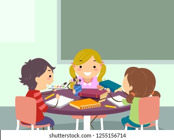 Illustration of Stickman Kids Sharing Books, Pencils and Notes and Studying Together in a Classroom