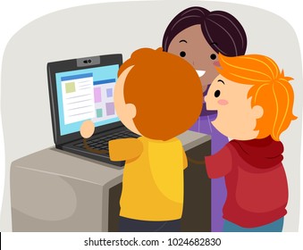 Illustration of Stickman Kids Sharing and Using a Laptop in Class