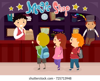 Illustration of Stickman Kids Shopping for Props in a Magic Shop