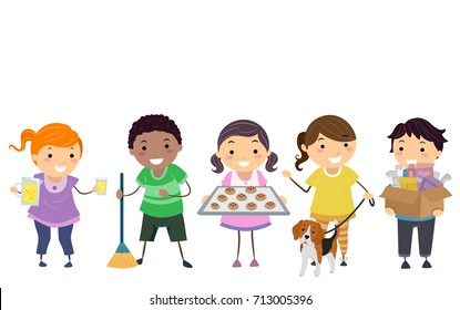 Illustration Of Stickman Kids Showing Different Ways Of Earning Money. Lemonade, Cleaning, Baking, Dog Walking And Selling Stuff