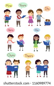 Illustration Of Stickman Kids Showing Examples Of Possessive Pronouns Like Mine, Yours, Its, Hers, His, Ours And Theirs